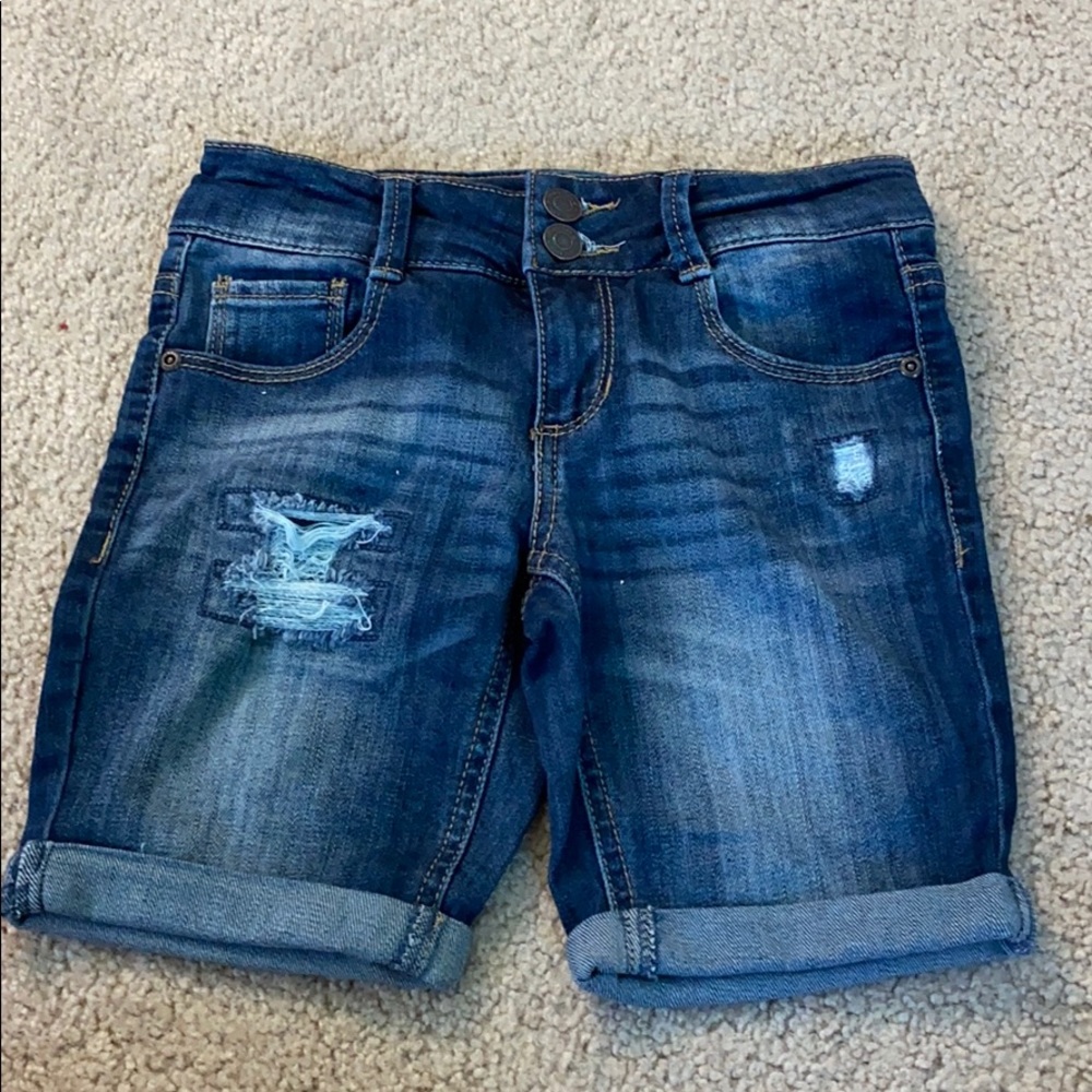 ripped long blue jean shorts